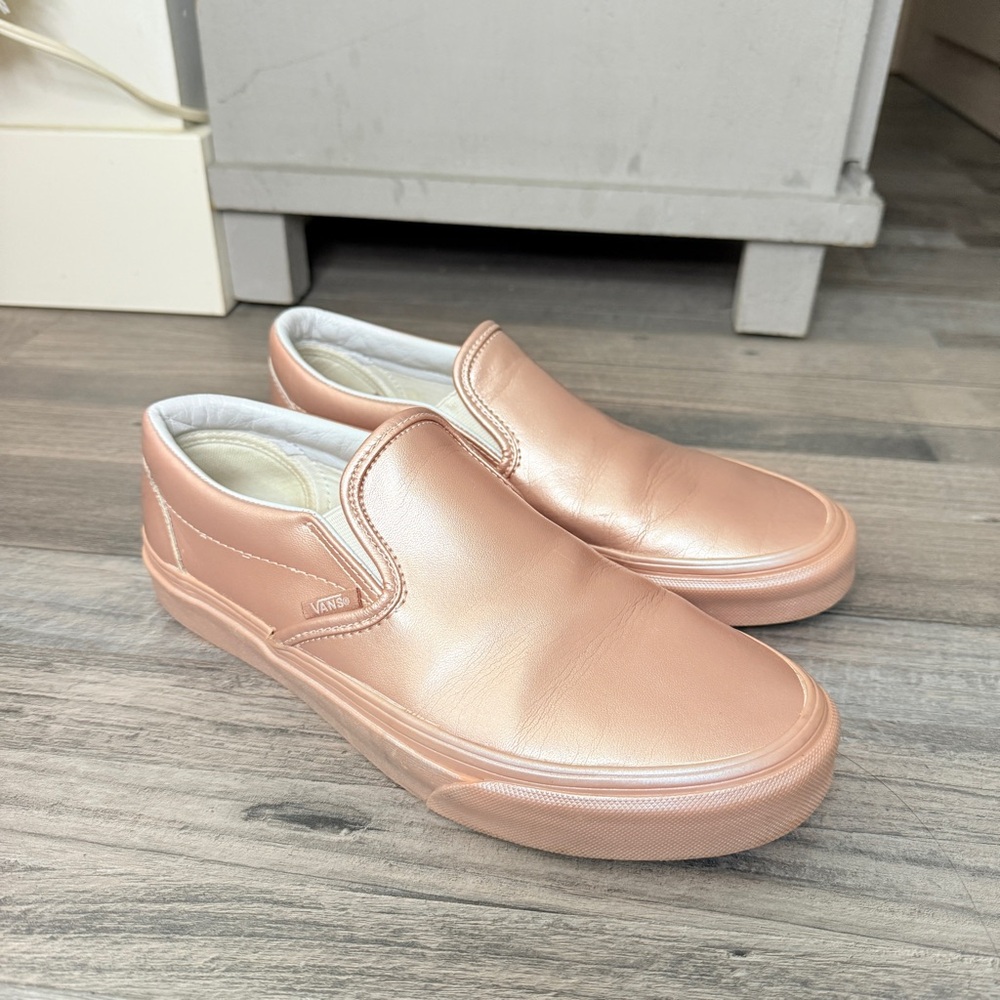 Vans Metallic Pink Leather Classic Slip-On Sneakers Shoes Size 9 Women’s